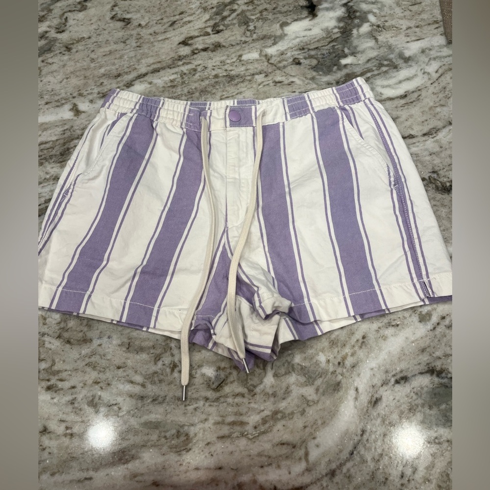American Eagle AEO Striped Shorts Sz L Purple White Drawstring Pockets Hi-Rise